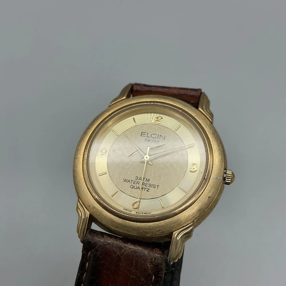 Elgin Swiss Mens Watch 36mm Gold Tone Brown Leather FLS30-040 New Battery